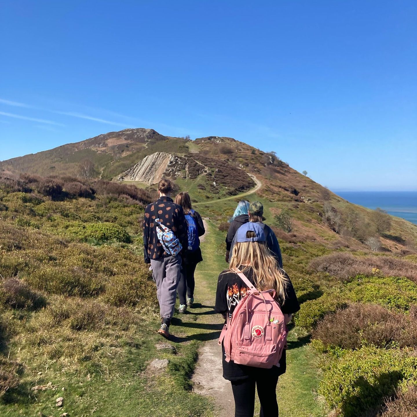 A hiker viewed from behind wearing a full backpack on a trail.