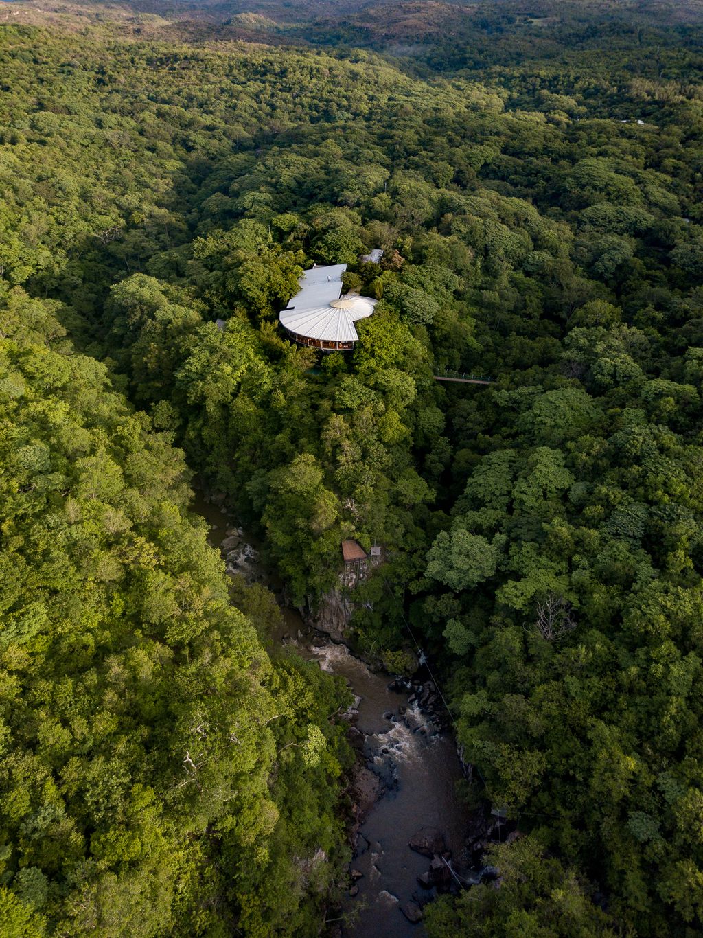 Industrial-chic shipping container rooms on stilts at Rio Perdido Hotel in the forest.