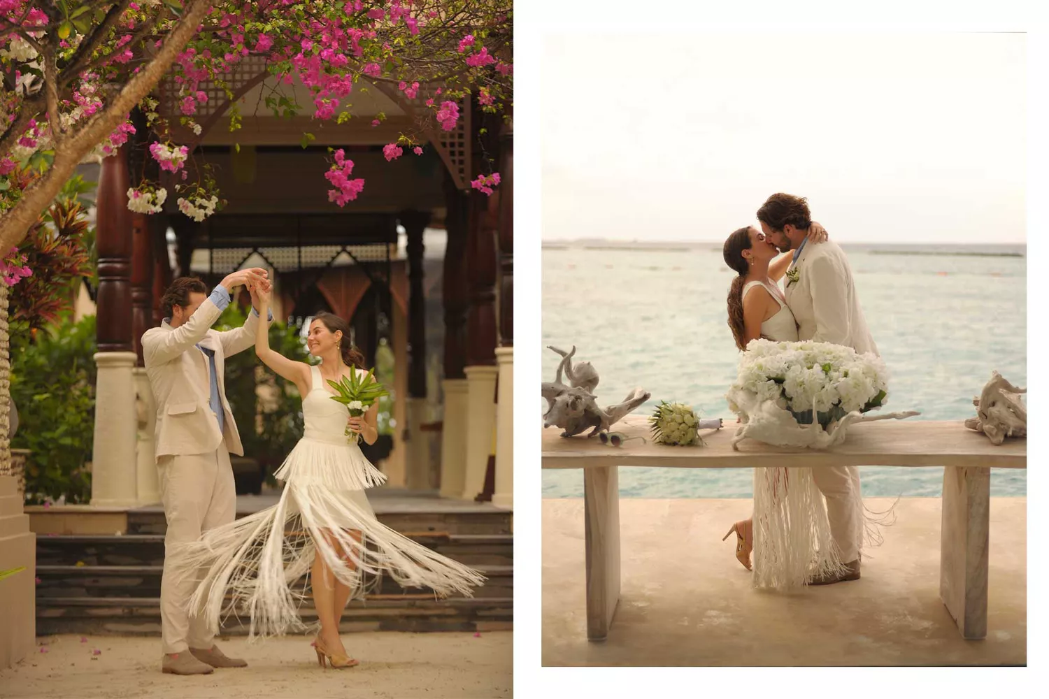 A romantic wedding ceremony taking place inside an overwater chapel during a Maldives elopement.