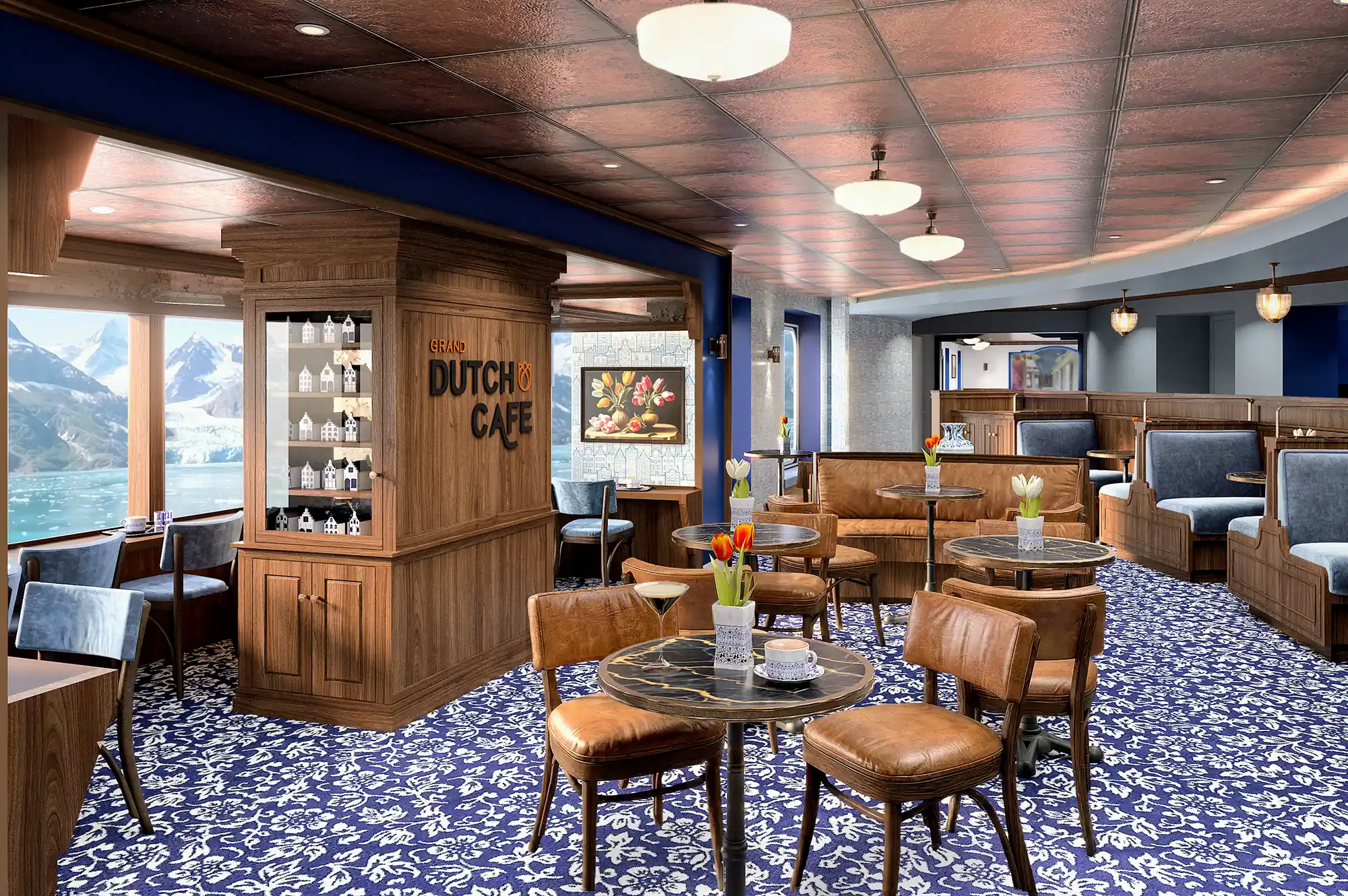 Seating area of the Grand Dutch Cafe showcasing the comfortable and modern interior design.