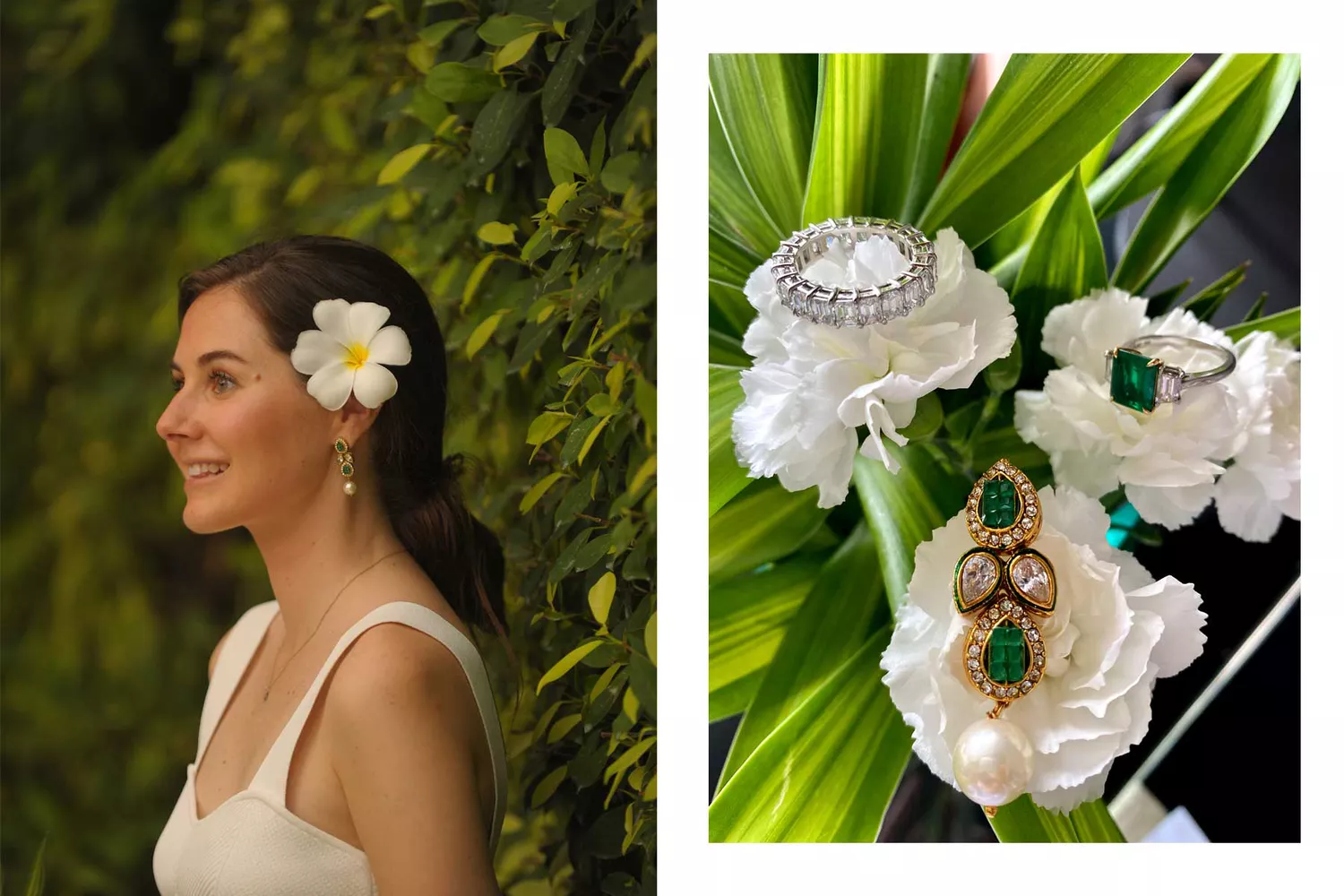 Close-up of a bride's jewelry and fine details during preparation for a Maldives elopement.
