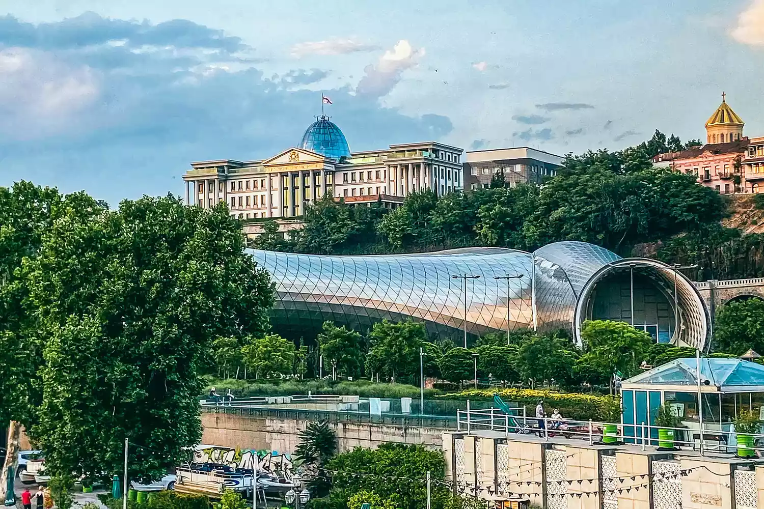 An expansive view of Rike Park and its unique architectural structures in central Tbilisi.