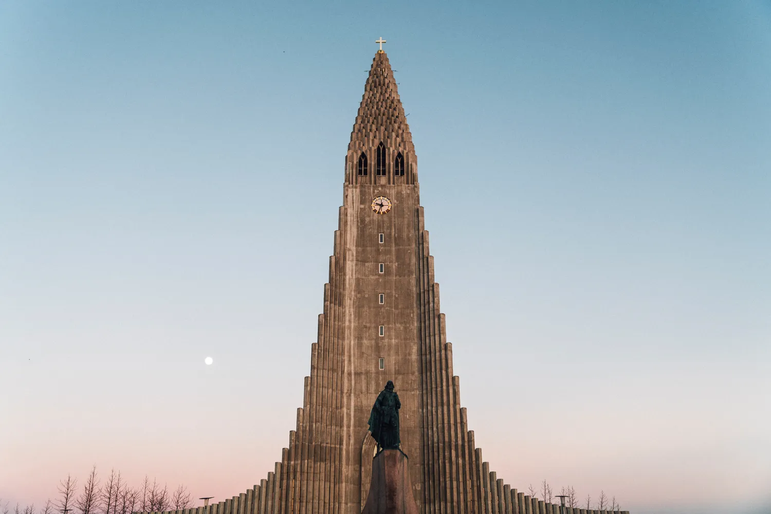 The iconic modernist facade of the Hallgrimskirkja church in downtown Reykjavik.