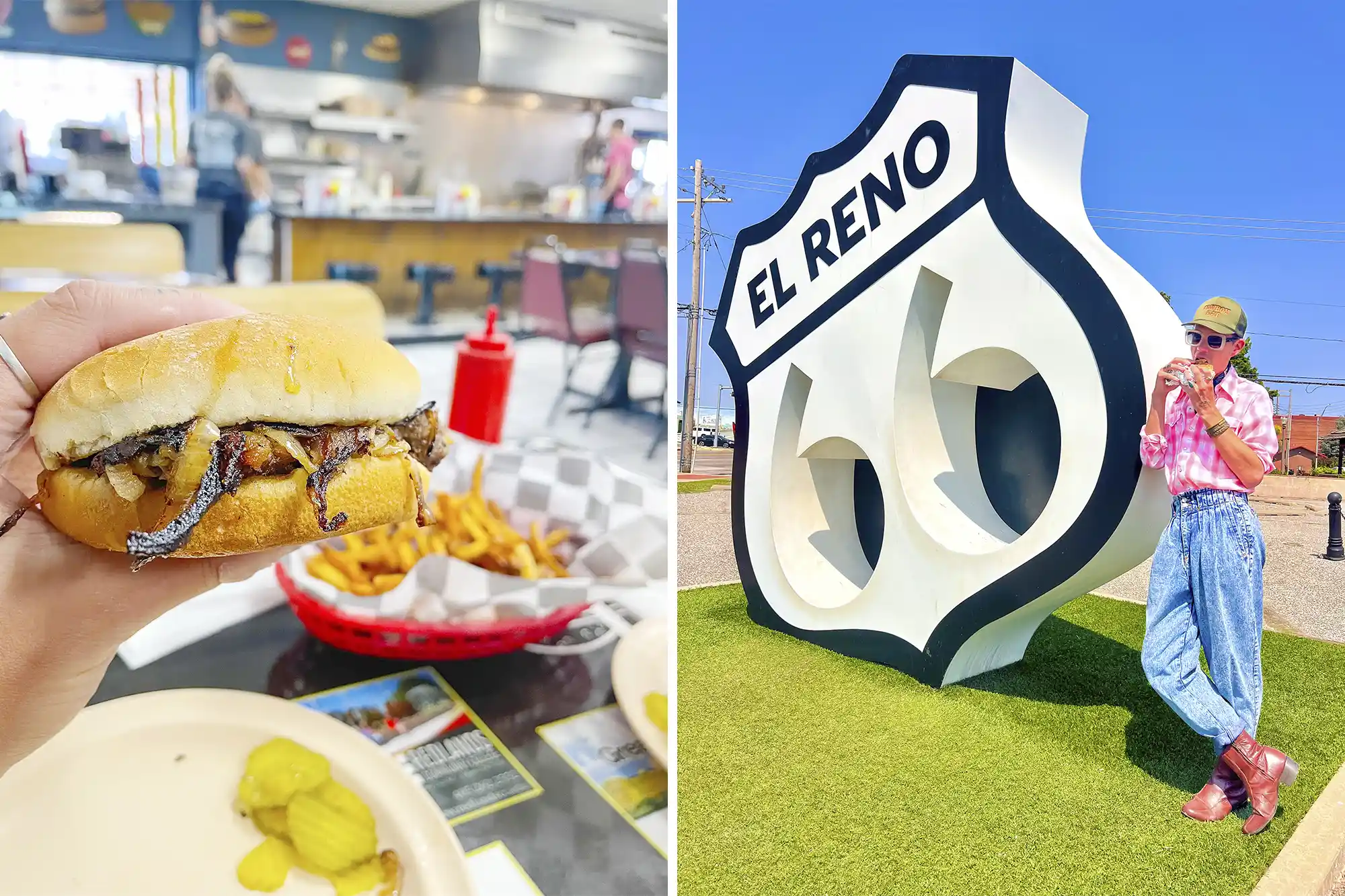 A split image featuring a hand-held onion burger and a traveler posing by the El Reno Route 66 monument.