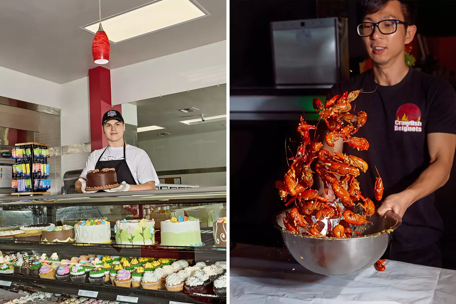 A split image showing cakes at Three Brothers Bakery and a bowl of buttery Viet-Cajun crawfish.