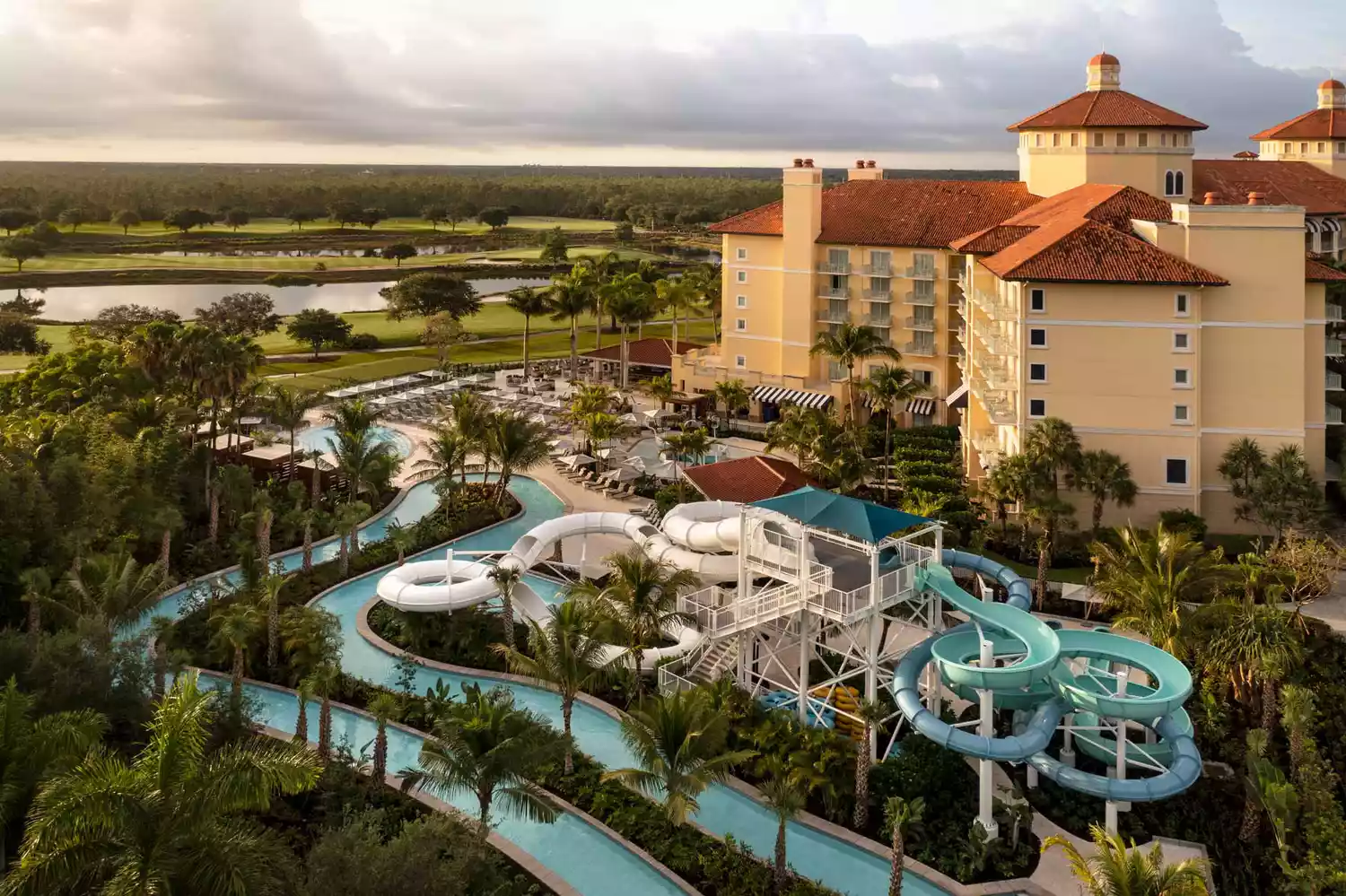 Aerial perspective of The Reservoir water park showing the lazy river and waterslides at the Tiburón property.