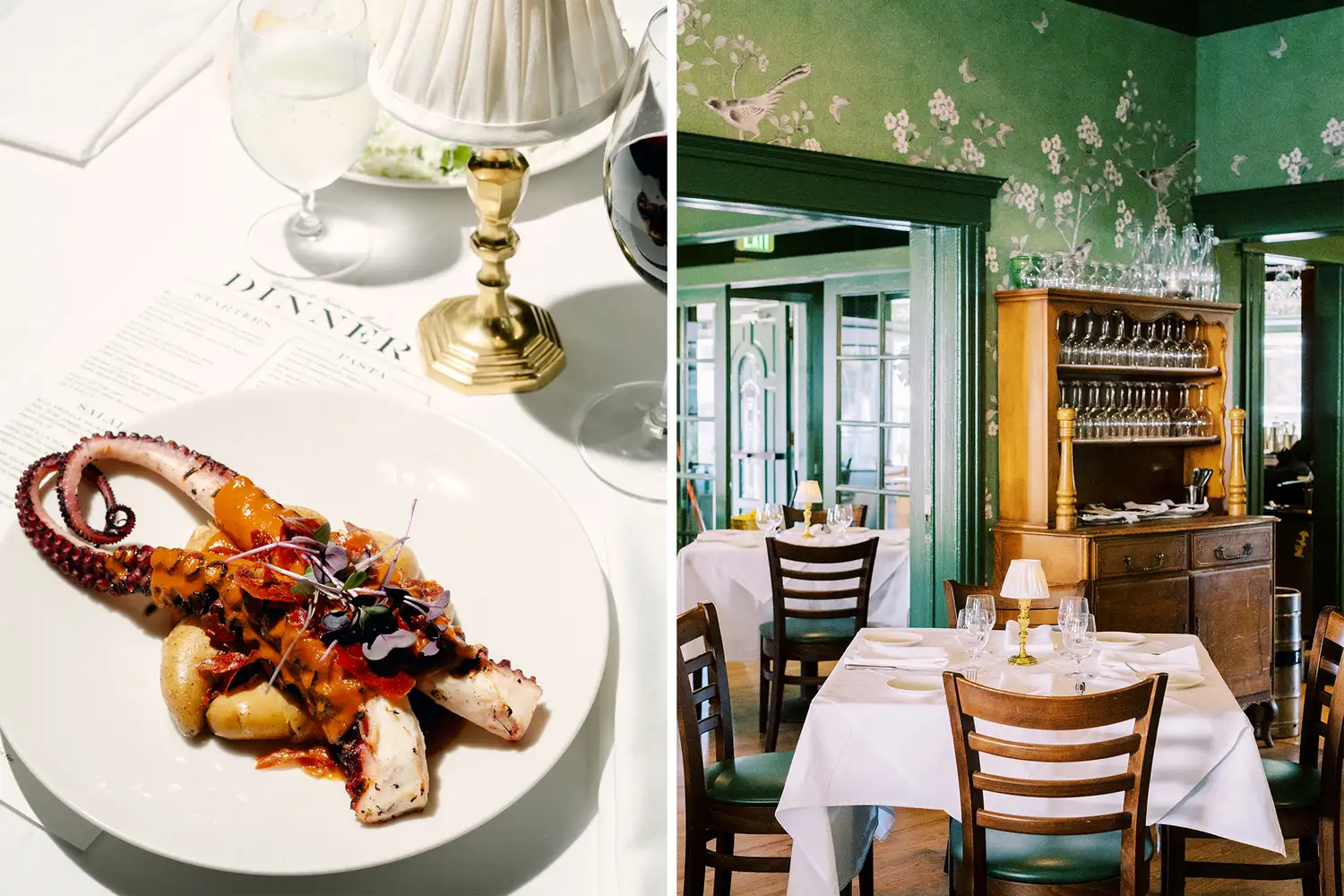 A gourmet octopus dish served on a white tablecloth inside a classic restaurant interior.