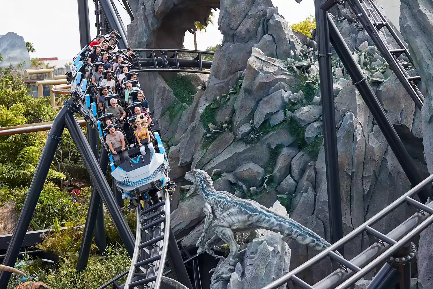 The Jurassic World VelociCoaster track at Universal Orlando with a train mid-launch.