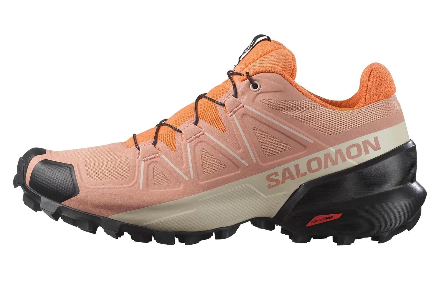 Bottom and side view of the Salomon Speedcross trail shoe highlighting the deep Contagrip lugs.