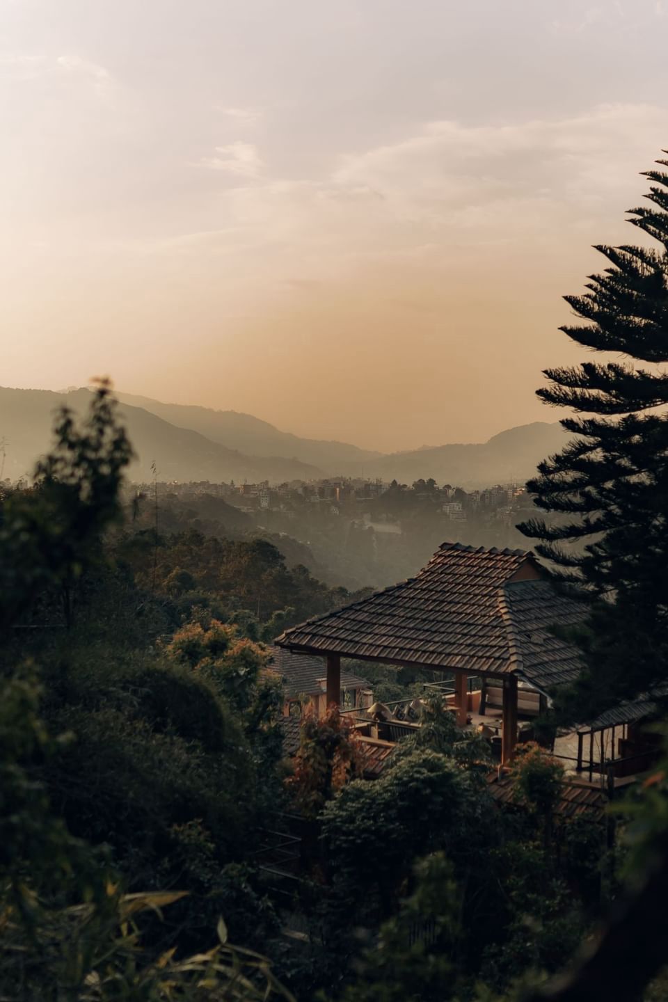A peaceful countryside resort or village in the Himalayan foothills.