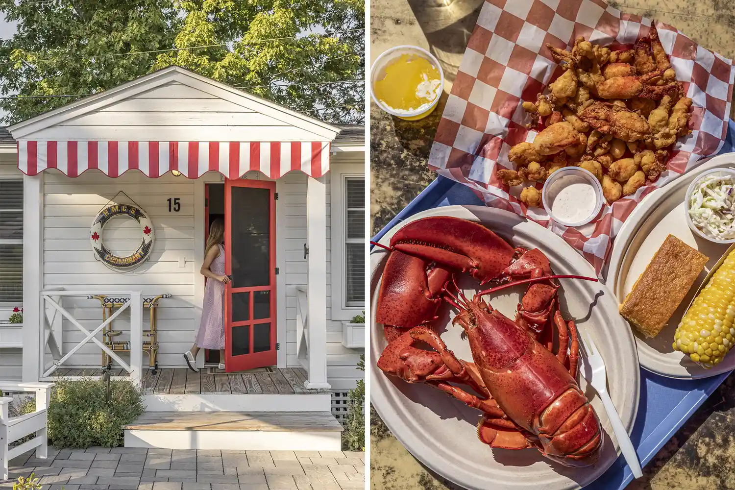 A woman at a cottage door next to a plate featuring a freshly steamed lobster with sides.