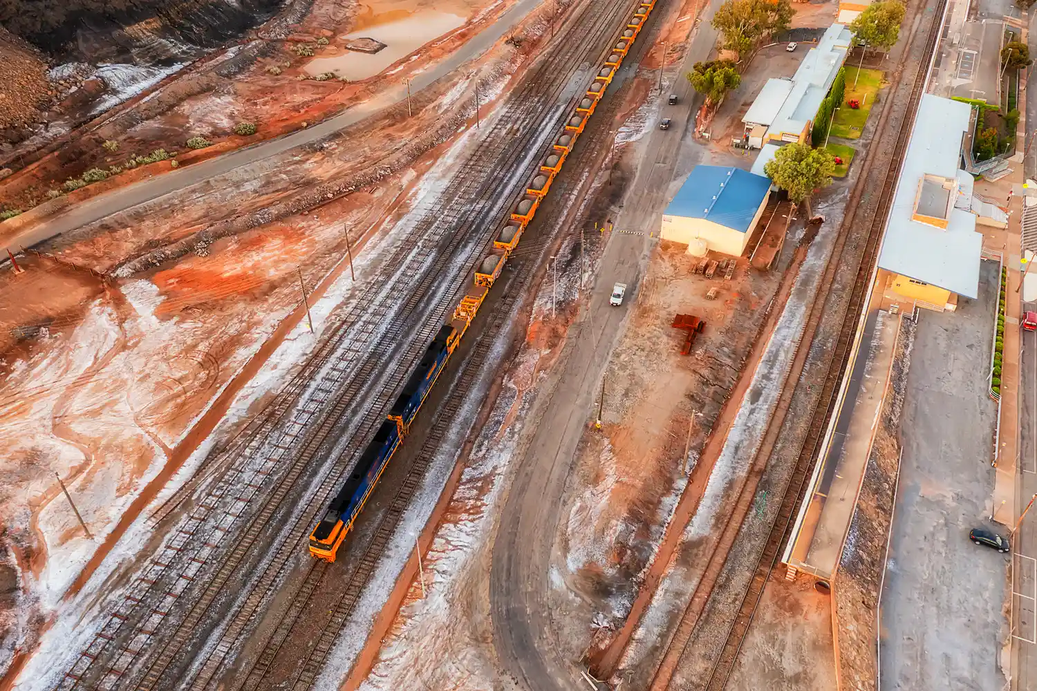 Aerial view of the railway tracks and industrial layout of Broken Hill.