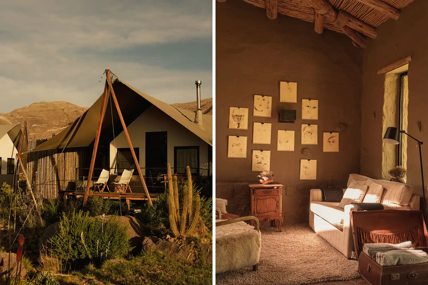A view of a canvas-walled luxury tented suite at Puqio next to an interior shot of its rustic living room featuring adobe walls and local textiles.