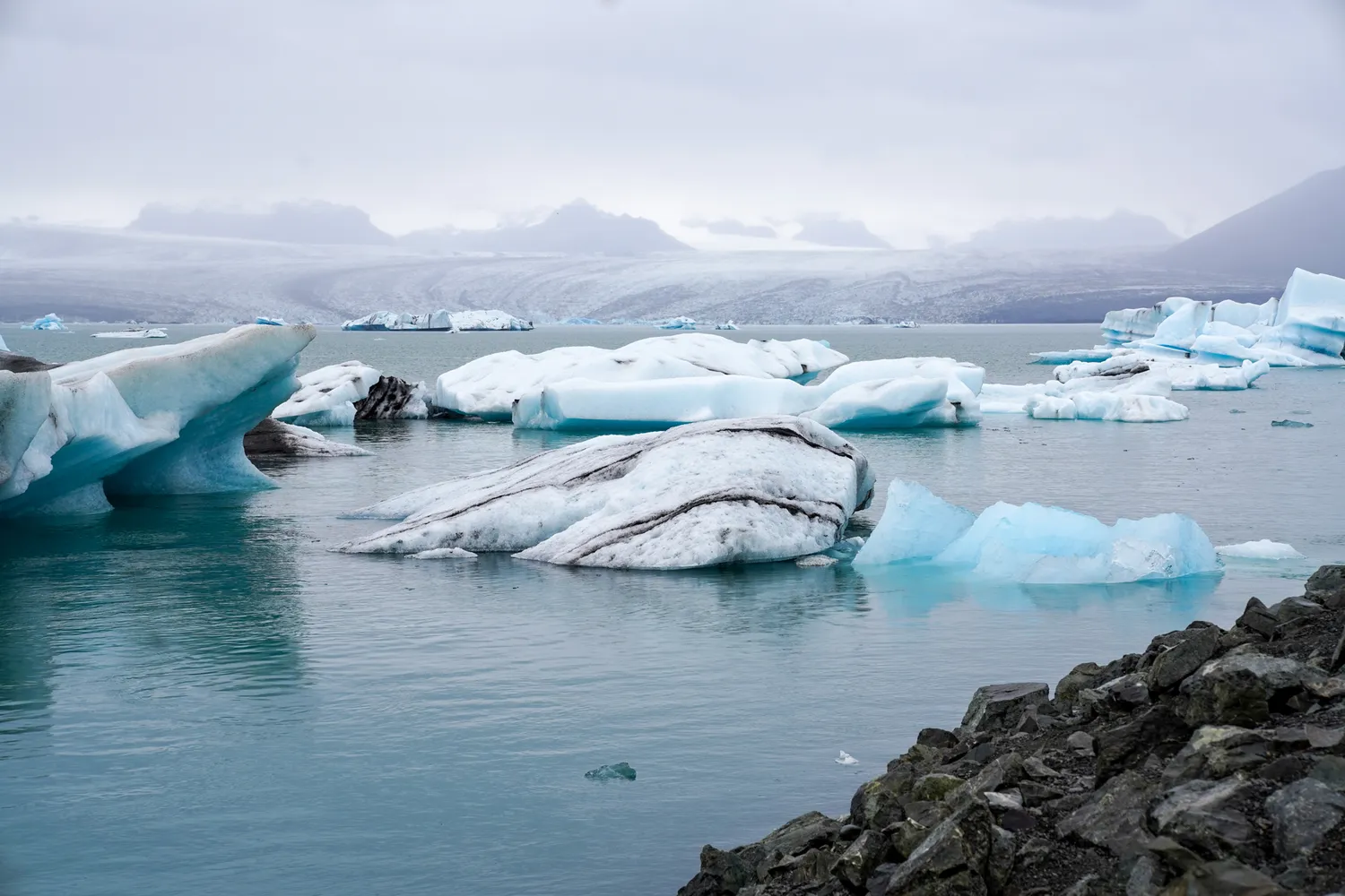 Blue-tinted icebergs floating peacefully in the Jökulsárlón glacier lagoon.