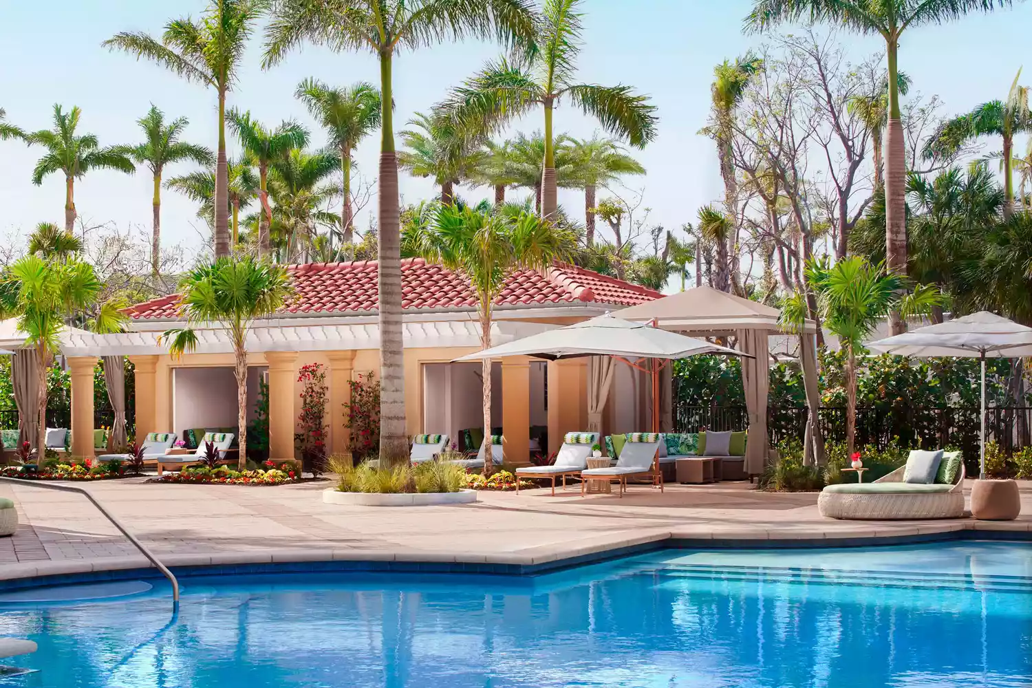 A wide view of the expansive resort pool area with umbrellas and palm trees.