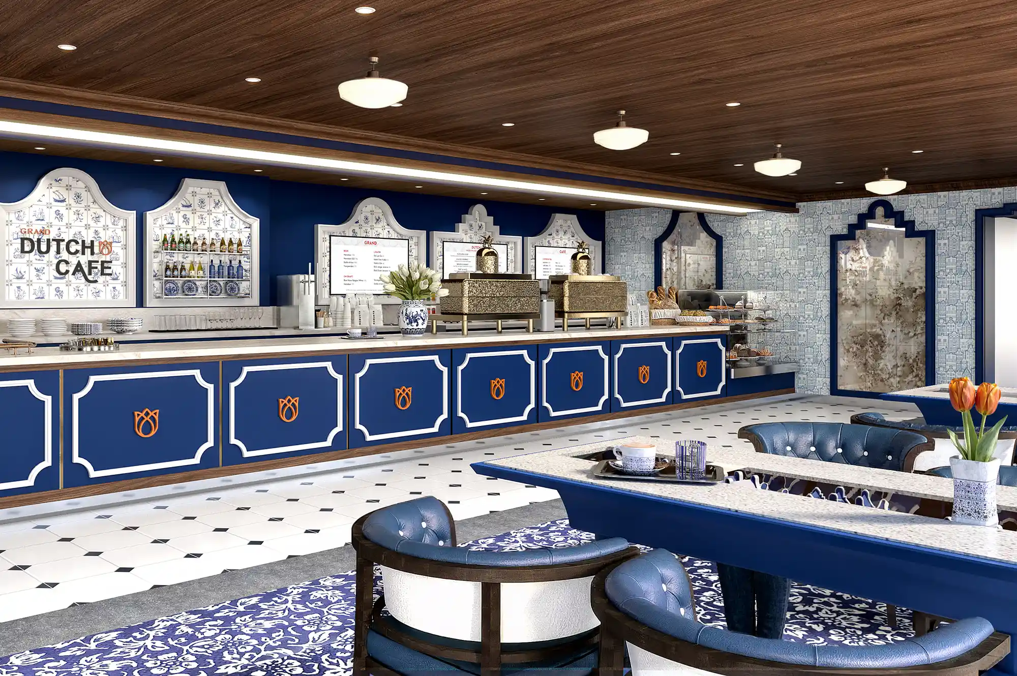 The interior of the Grand Dutch Cafe featuring blue and white Delftware-inspired decor and a modern service counter.