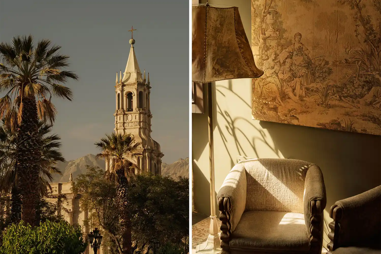 A composite image showing the white volcanic stone towers of Arequipa's Plaza de Armas alongside the refined minimalist interior of the Cirqa hotel.