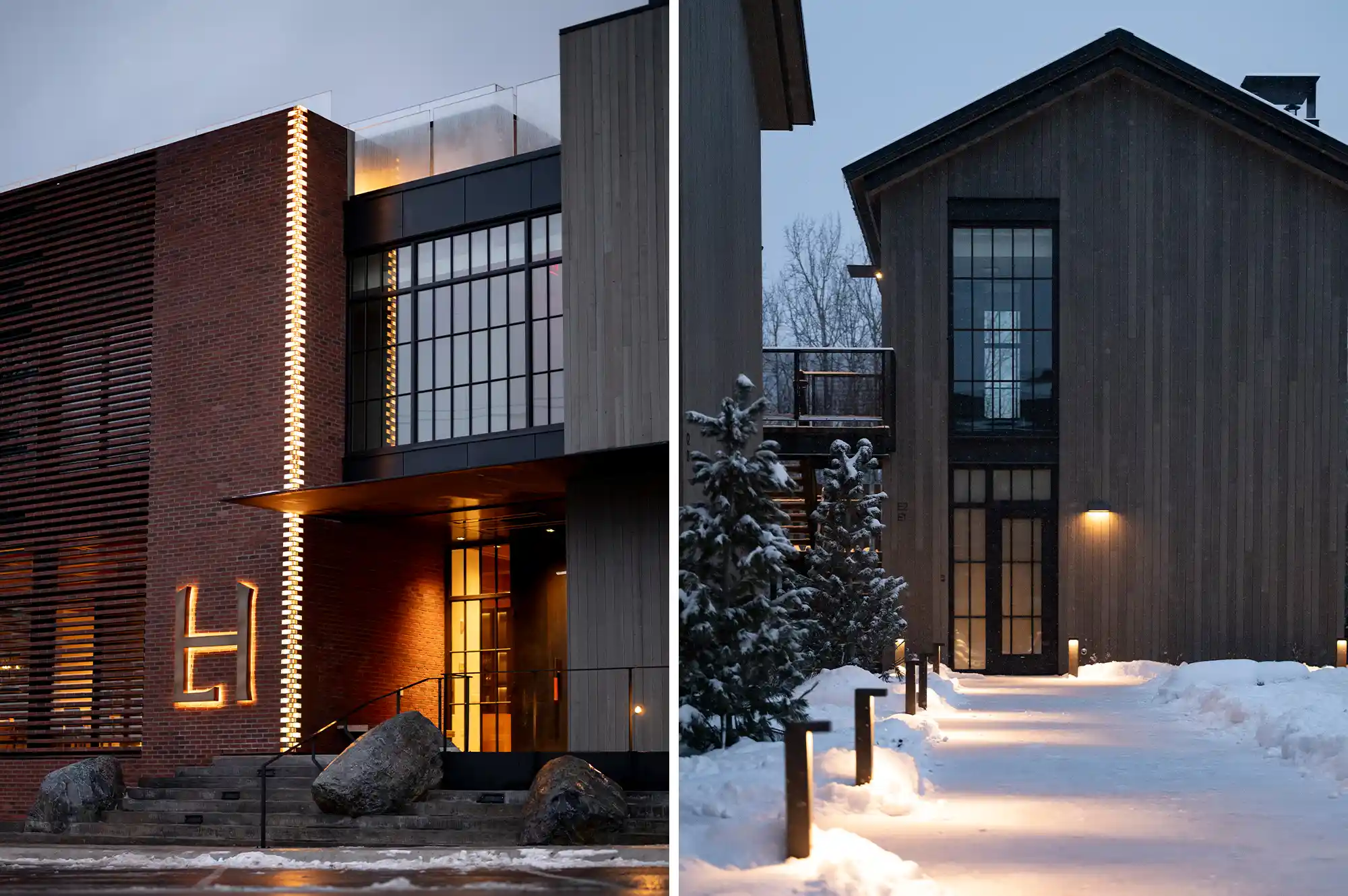 Dual exterior views of modern cabin-style buildings at Larch House featuring reclaimed wood and large glass panels in snowy conditions.