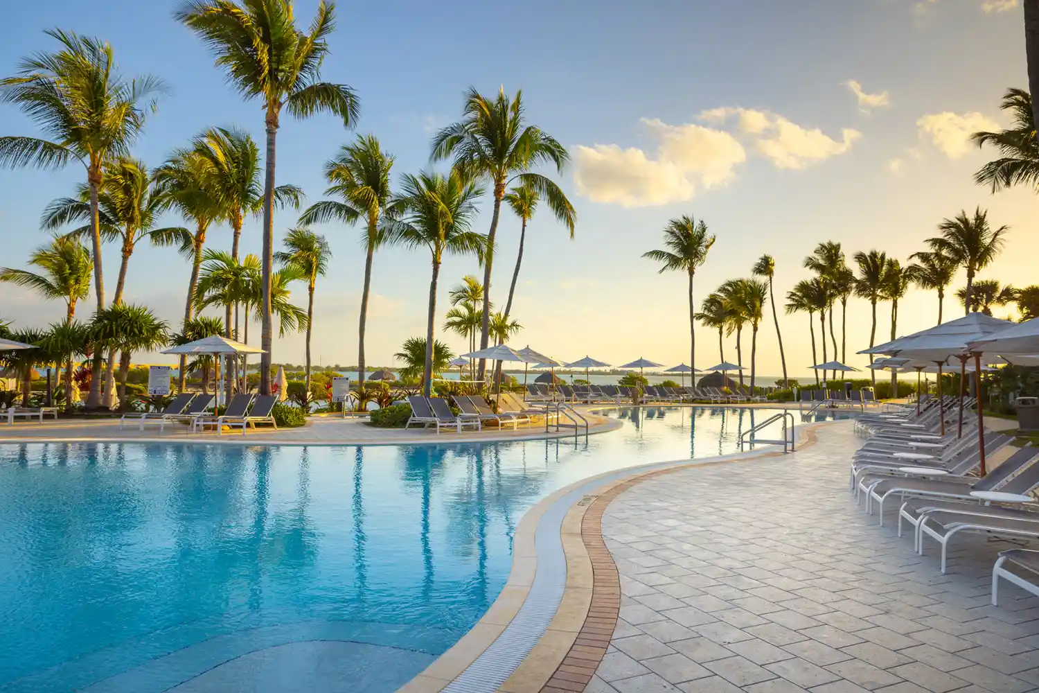 Large tropical pool area at Hawks Cay Resort surrounded by palm trees and lounge chairs.