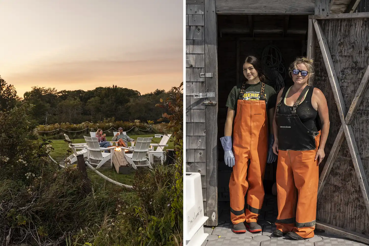 A split image showing a group of people sitting around a fire pit at sunset and lobster fisherwomen at a pier.