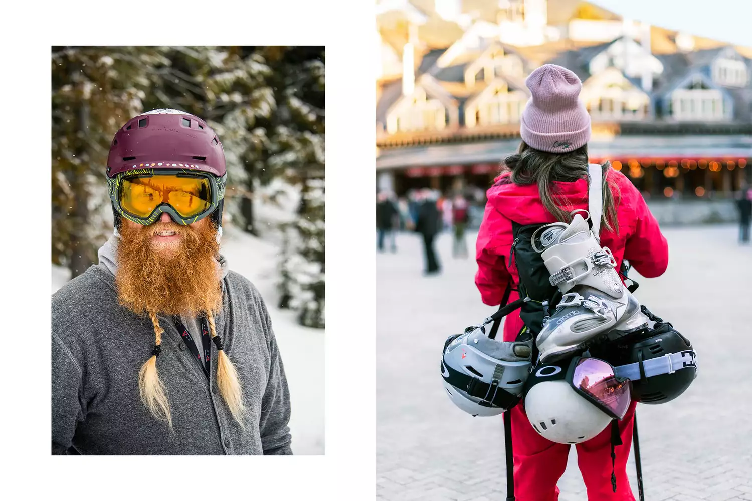 Split image of a professional ski instructor and a skier carrying gear through a village.