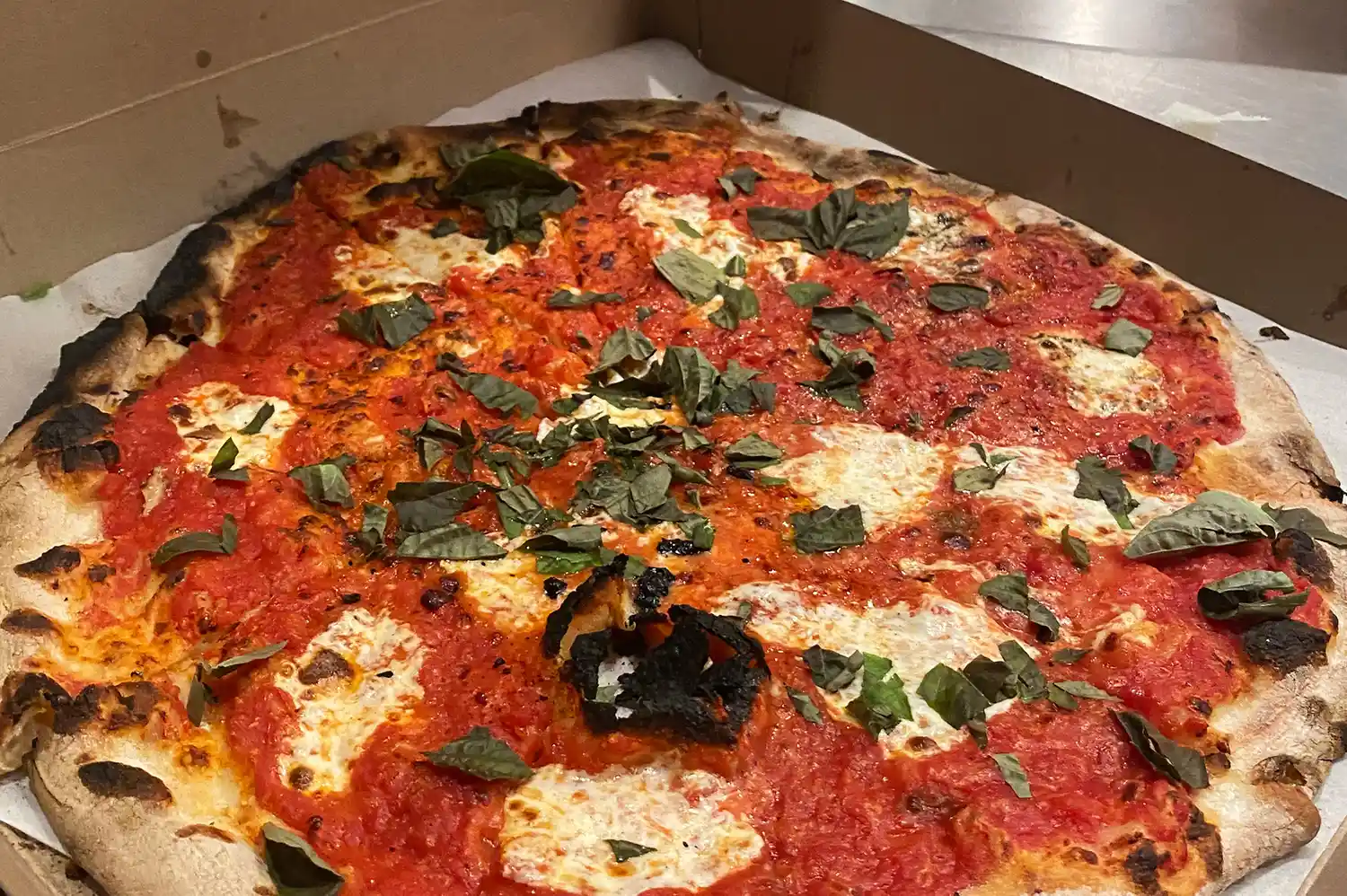 A whole margarita pizza with tomato sauce and fresh mozzarella served in a cardboard box from Frank Pepe Pizzeria.
