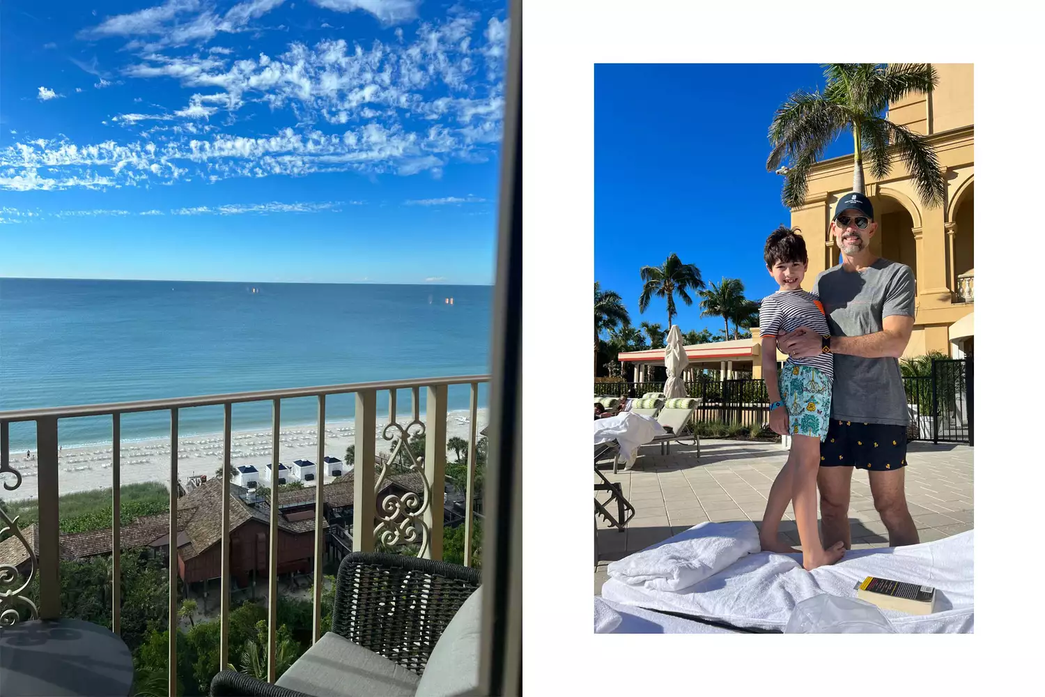 A father and son looking out from a high-floor balcony at the resort pool area during a sunny day.