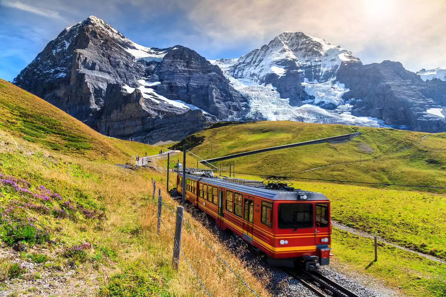 A Swiss train traveling through the green hills of the Interlaken region.