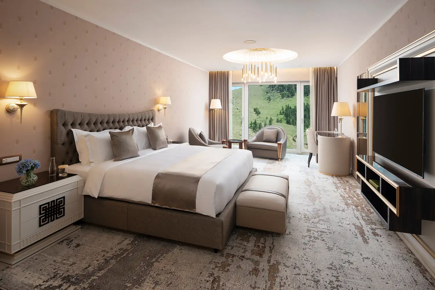 A luxury hotel room with floor-to-ceiling windows, king-size bed, and a contemporary living area.