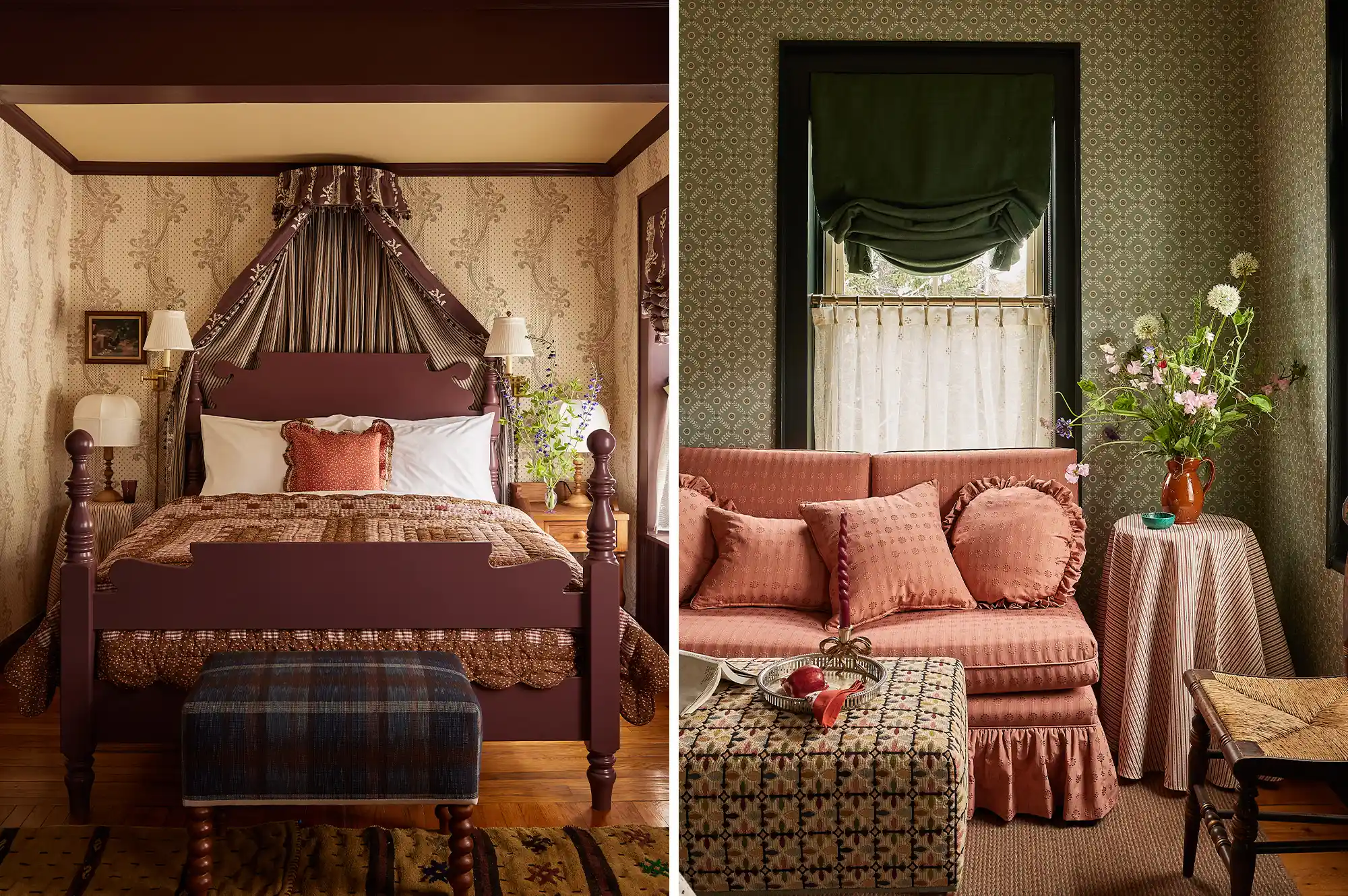 A cozy bedroom featuring floral wallpaper, a wooden bedframe, and vintage-style furniture.