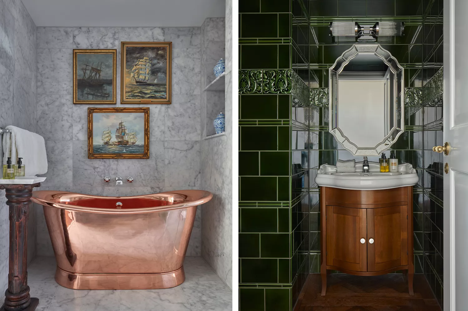A marble-tiled bathroom with a large soaking bathtub in the Edwardian Cabin Suite.