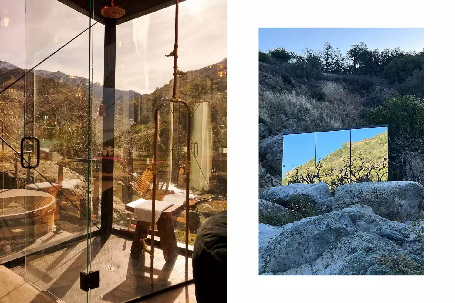 Split view showcasing a modern interior shower with floor-to-ceiling wilderness views and an exterior view of the cabin on a cliff.