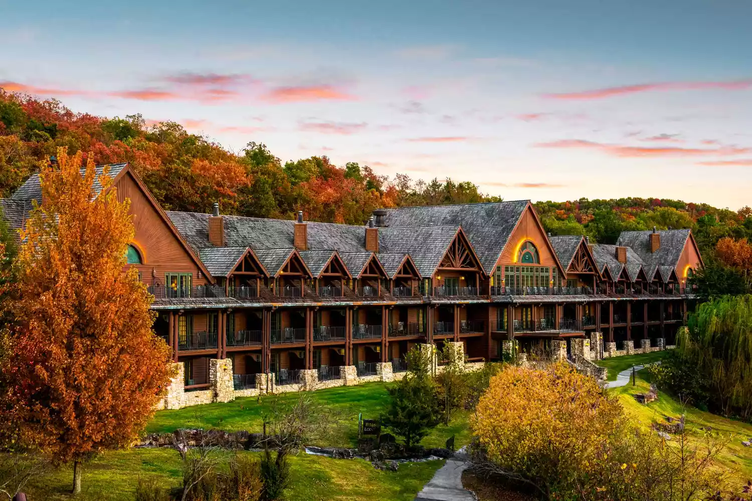Wide view of the rustic yet luxurious buildings and manicured grounds of Big Cedar Lodge in the Ozarks.