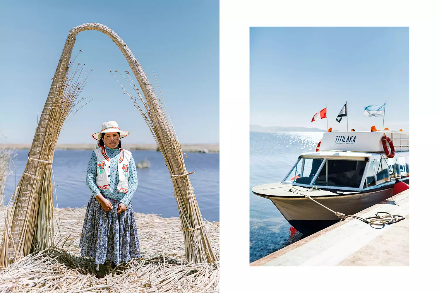 A collage showing a woman standing on a totora reed island and a modern Titilaka excursion boat docked.