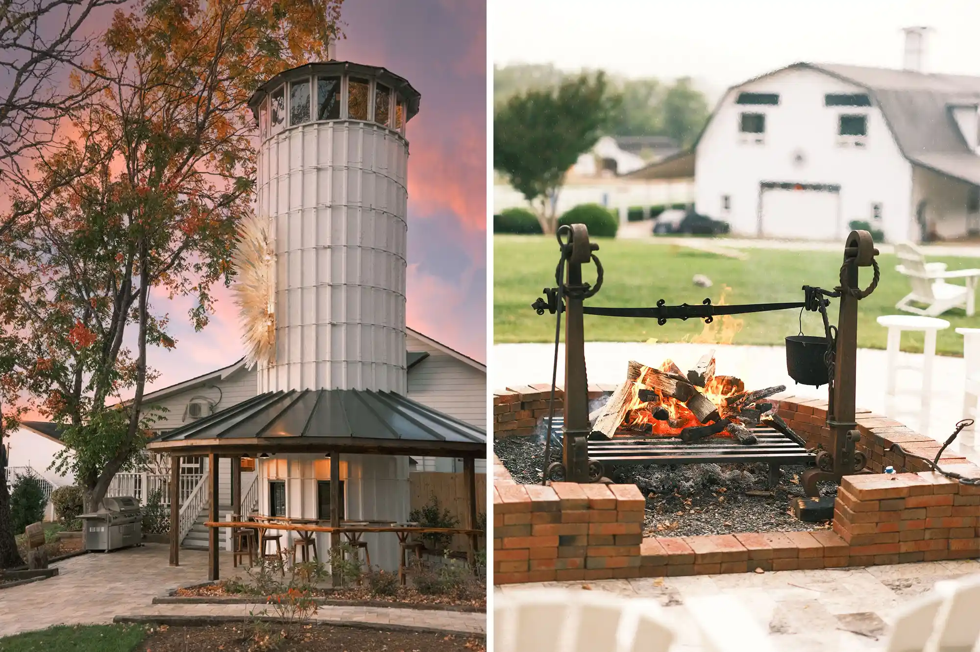 A white farm building with an attached silo and an outdoor fire pit area under a clear sky.