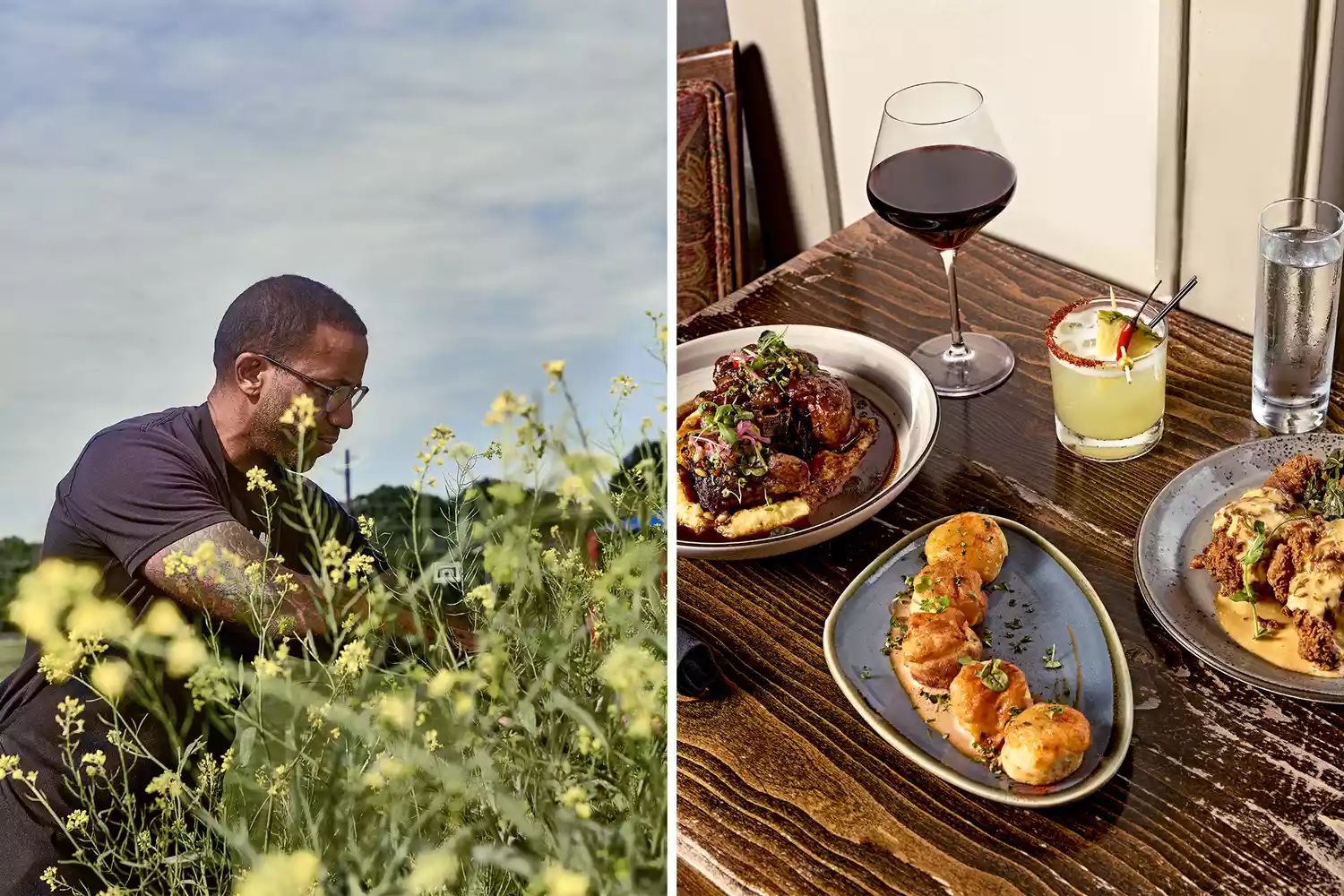 Chef Chris Williams of Lucille’s harvesting flowers and a spread of Southern comfort food.