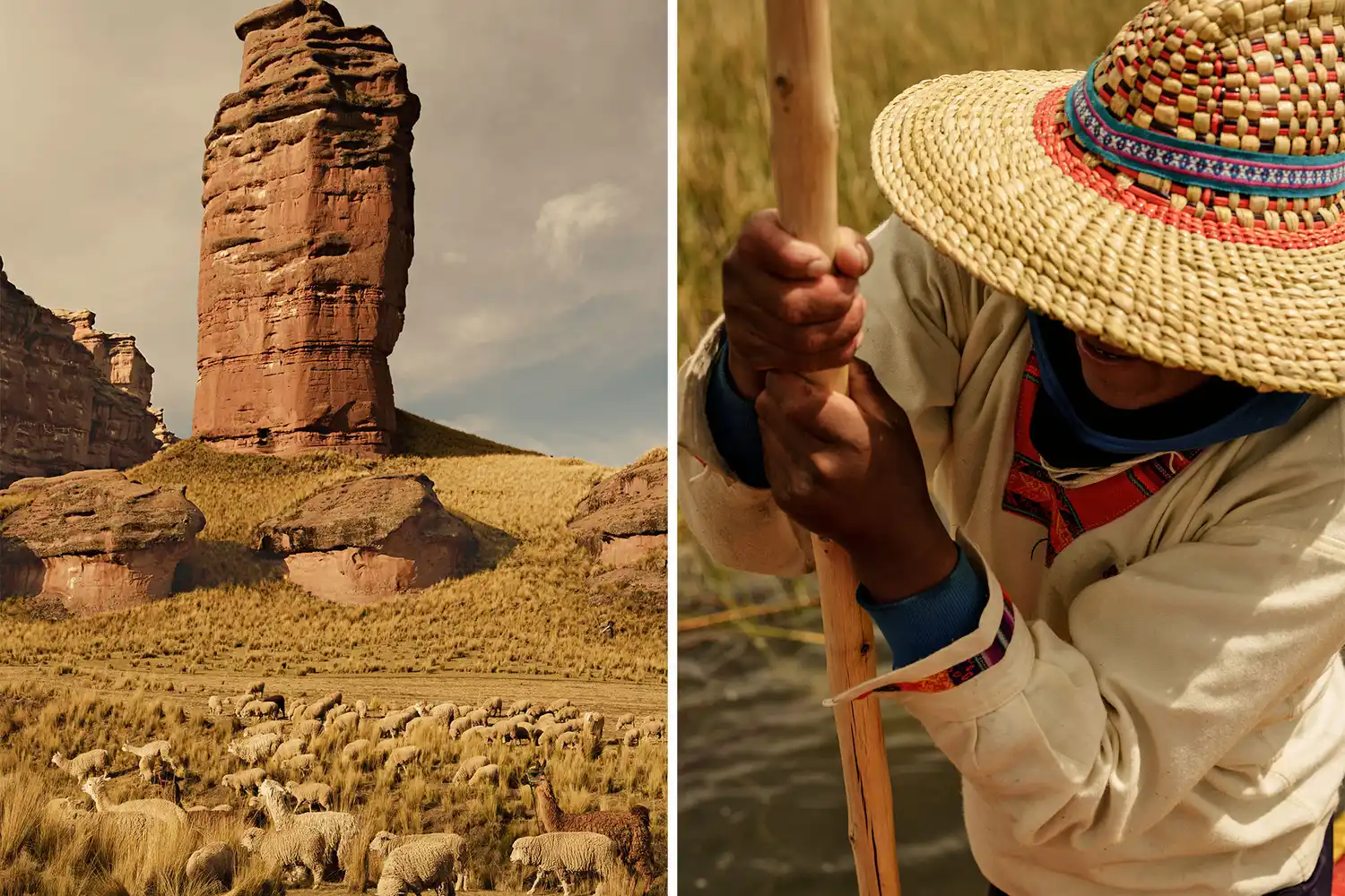 A split image featuring the towering red rock formations of Tinajani Canyon and a local resident rowing a traditional boat on Lake Titicaca.