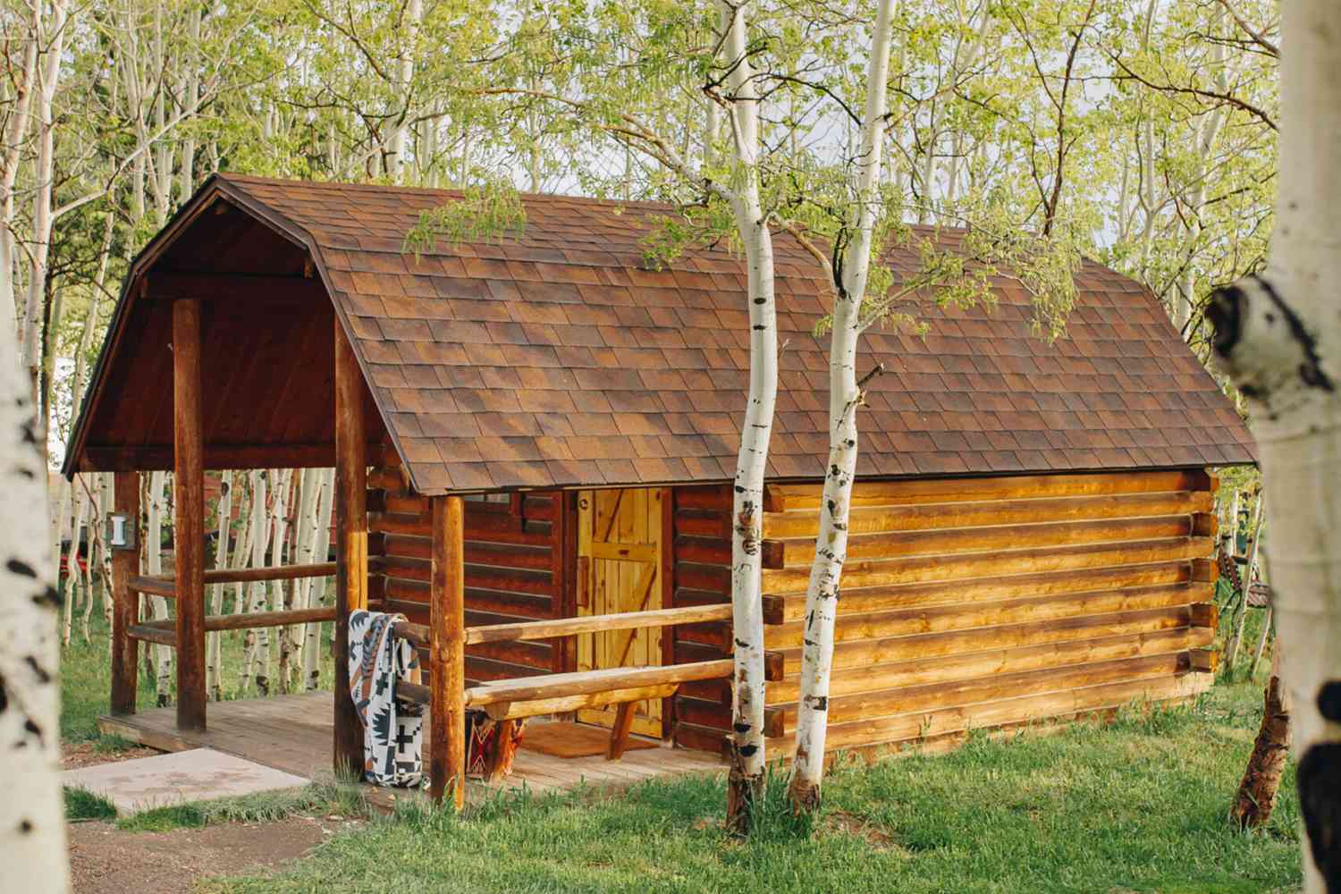A well-maintained campsite set against a lush natural background.