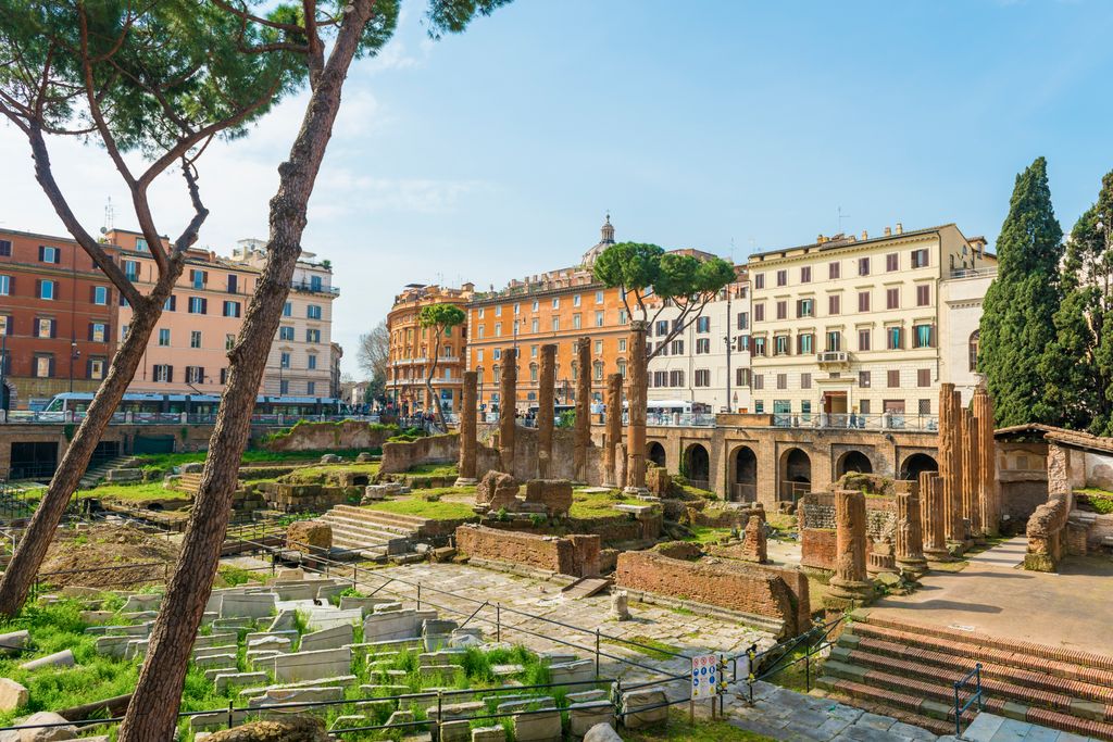 Close-up of the ancient temple ruins and walkways at the Sacred Area of Largo Argentina.