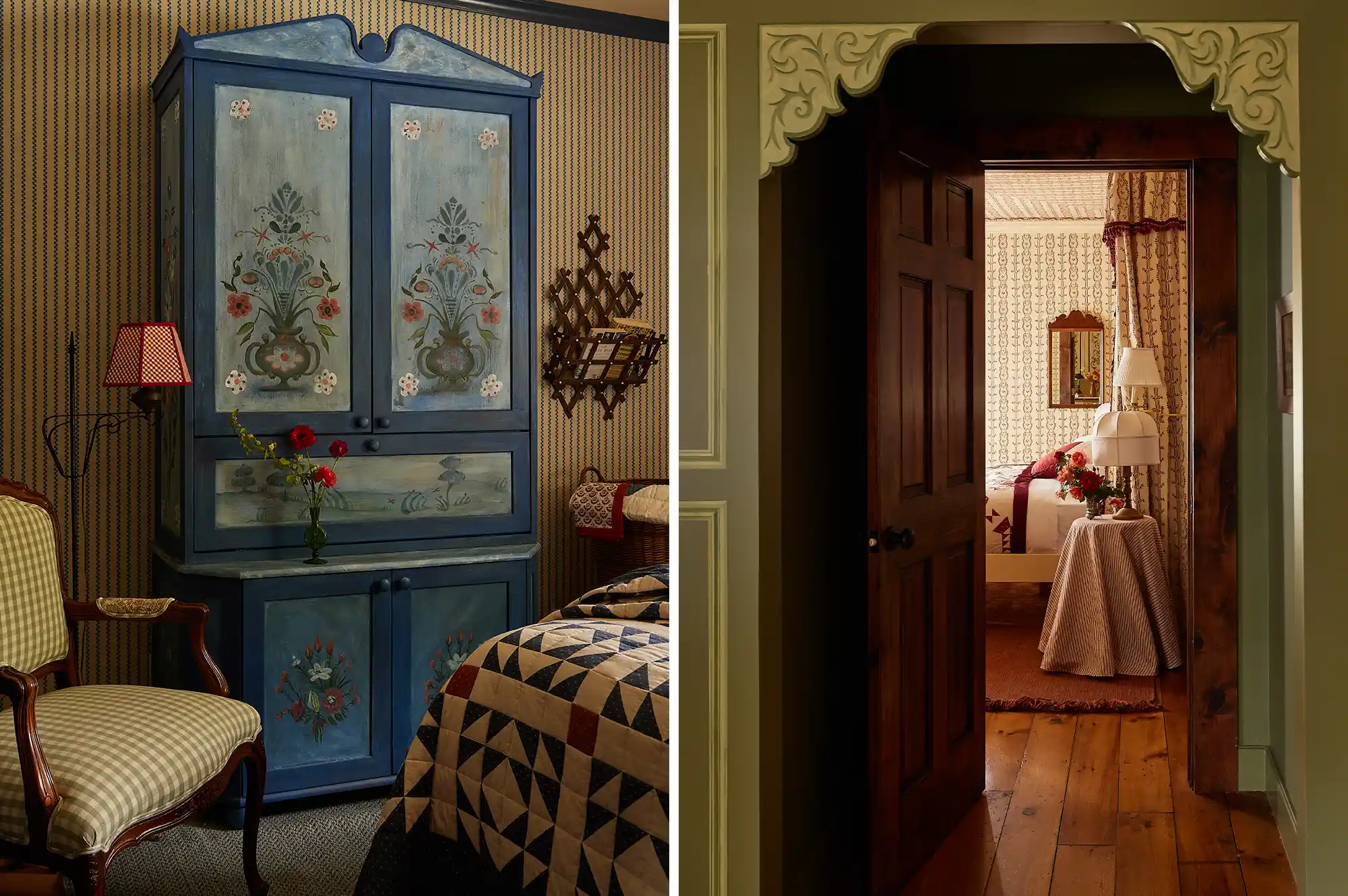 A view through an arched doorway into a cozy guest room with a painted wooden wardrobe and striped bed linens.
