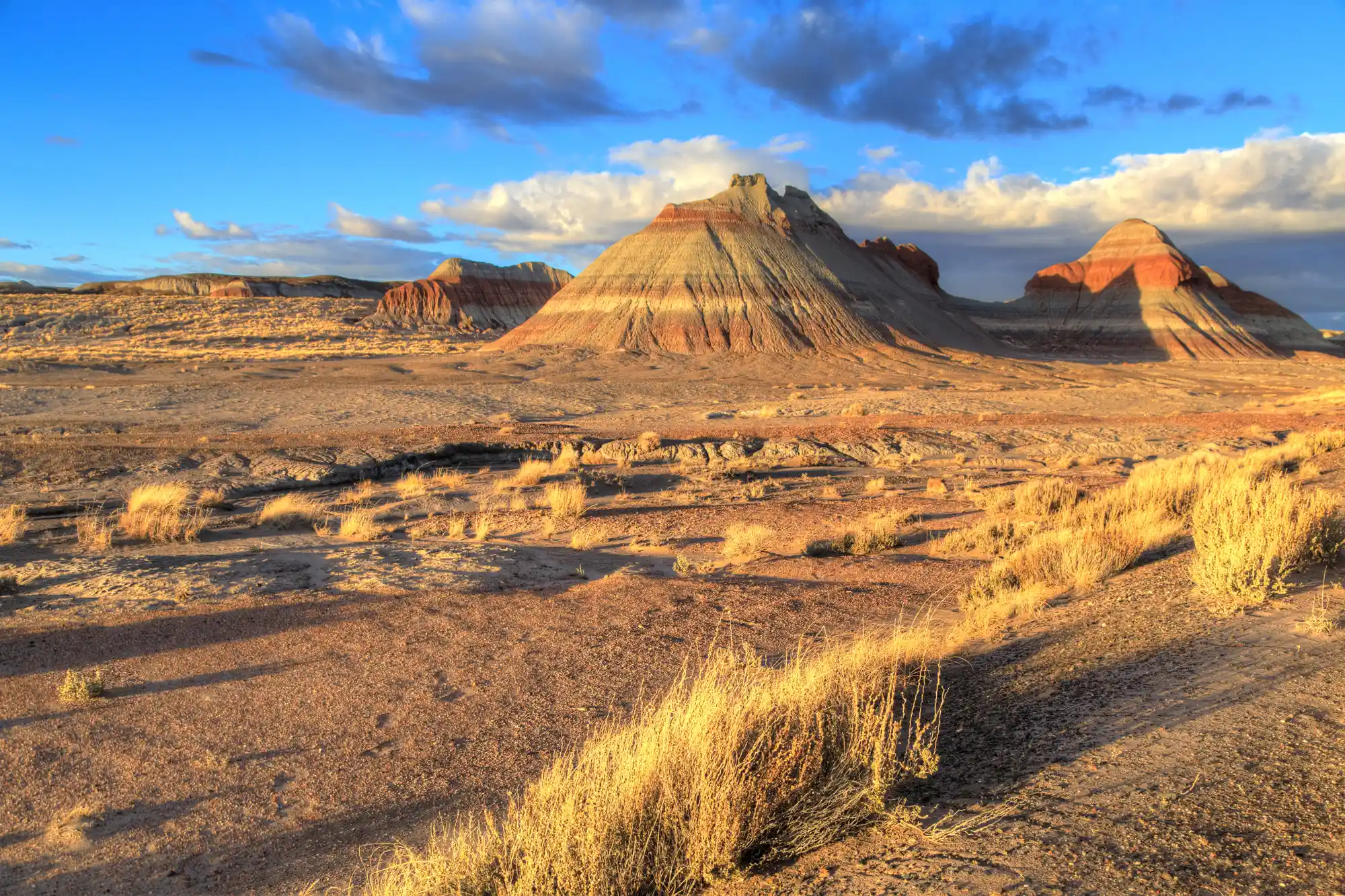 Colorful rock formations and desert vista at Petrified Forest National Park in Arizona along Route 66.