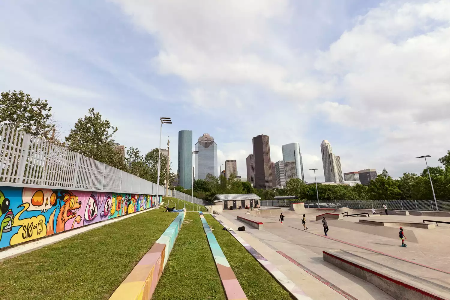 The Houston city skyline viewed from Lee and Joe Jamail Skatepark.