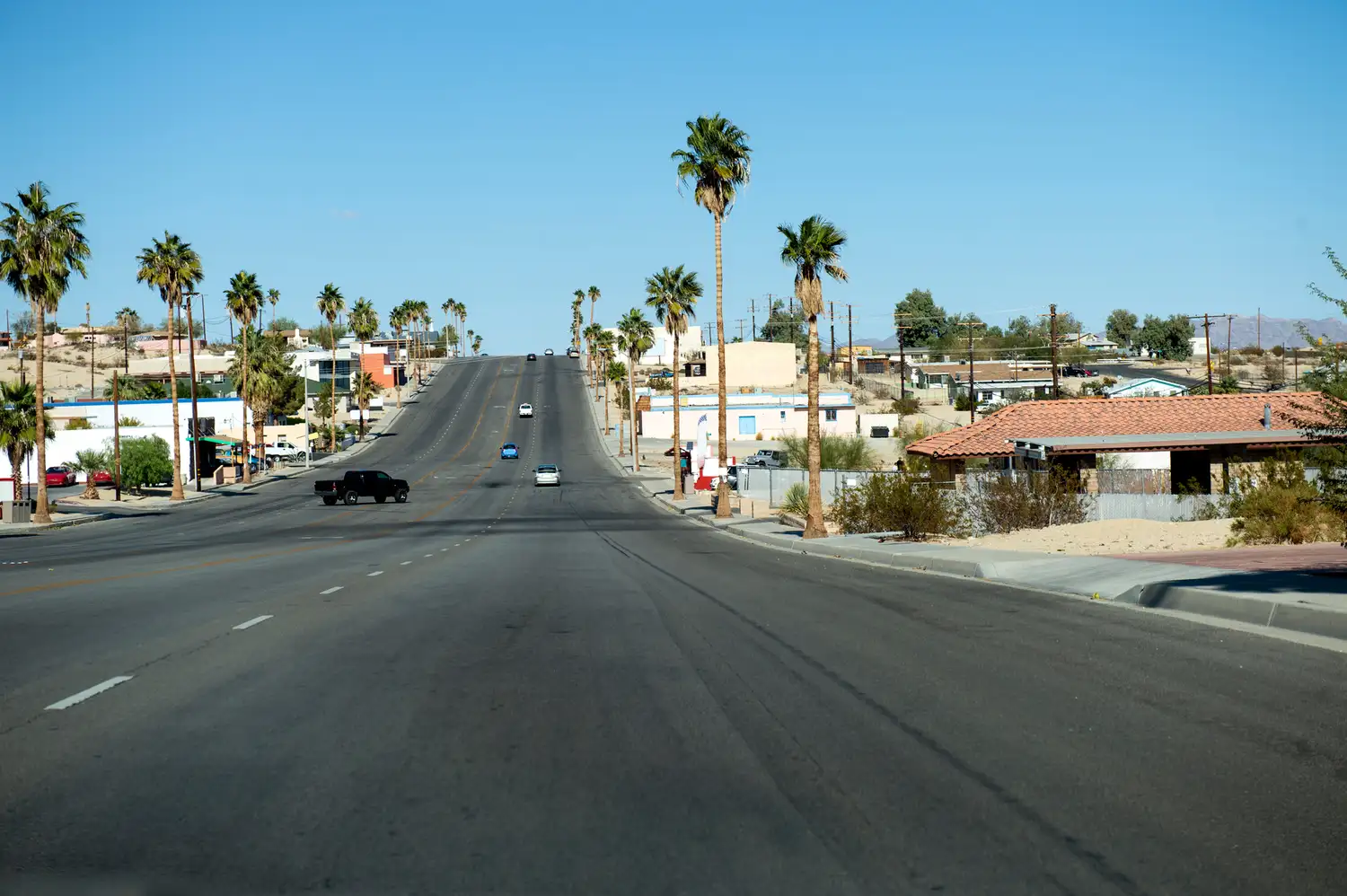 Wide shot of a main road in Twentynine Palms lined with palm trees under a clear desert sky.
