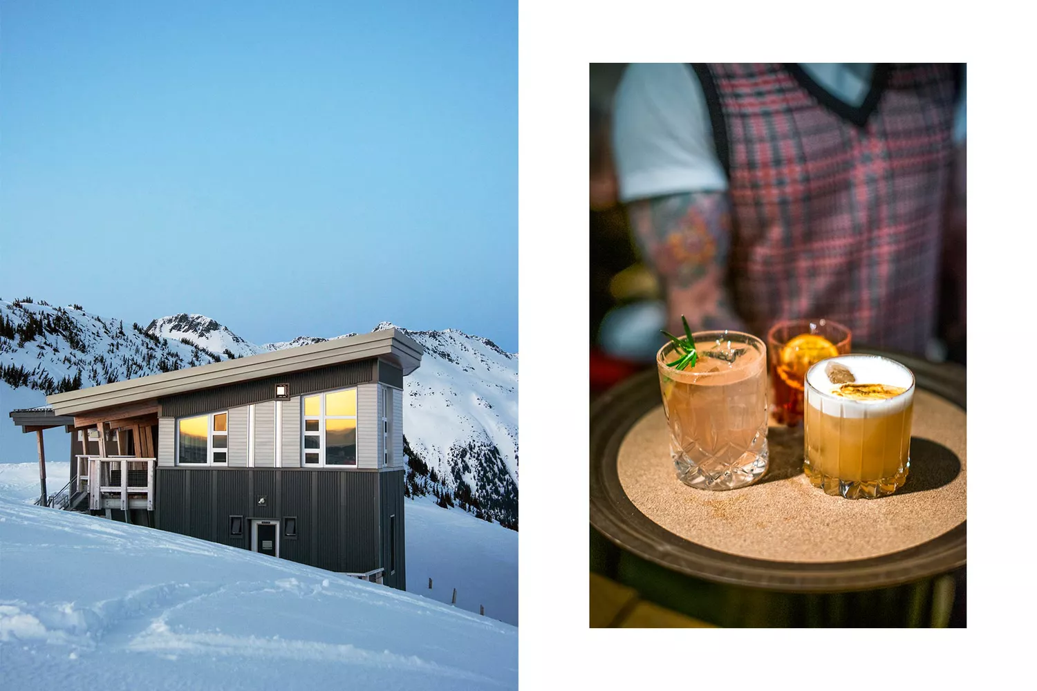 A remote mountain hut glowing at sunset beside a photo of colorful cocktails at a Whistler bistro.