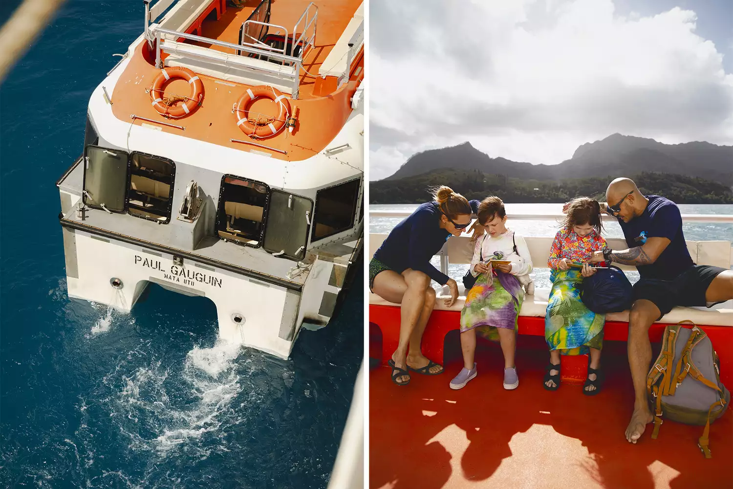 Two young girls on a small excursion boat wearing life jackets with staff members.