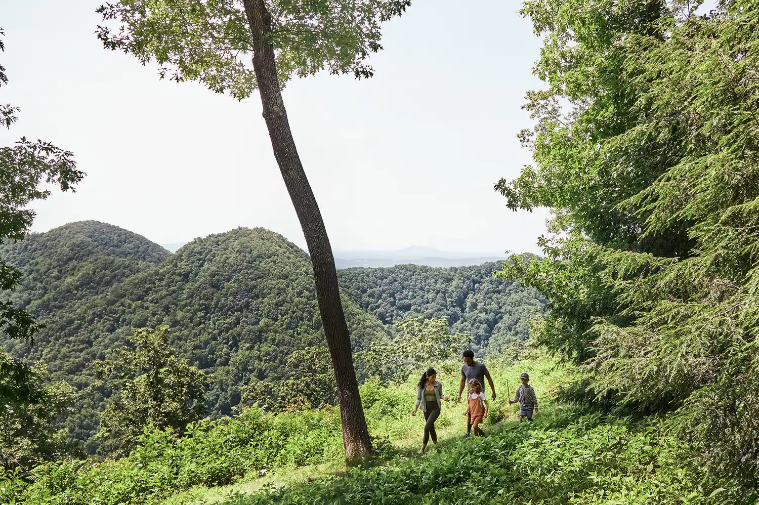 A group of hikers on a trail with blue-toned mountain ridges in the distance.