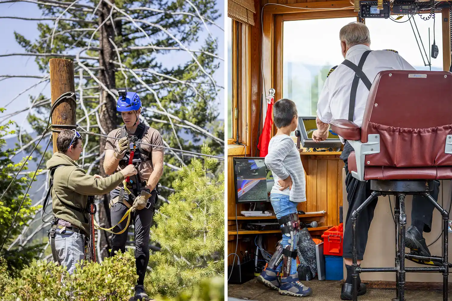 An athlete preparing for adaptive ziplining at Crater Lake and a scenic cruise on the Columbia River.