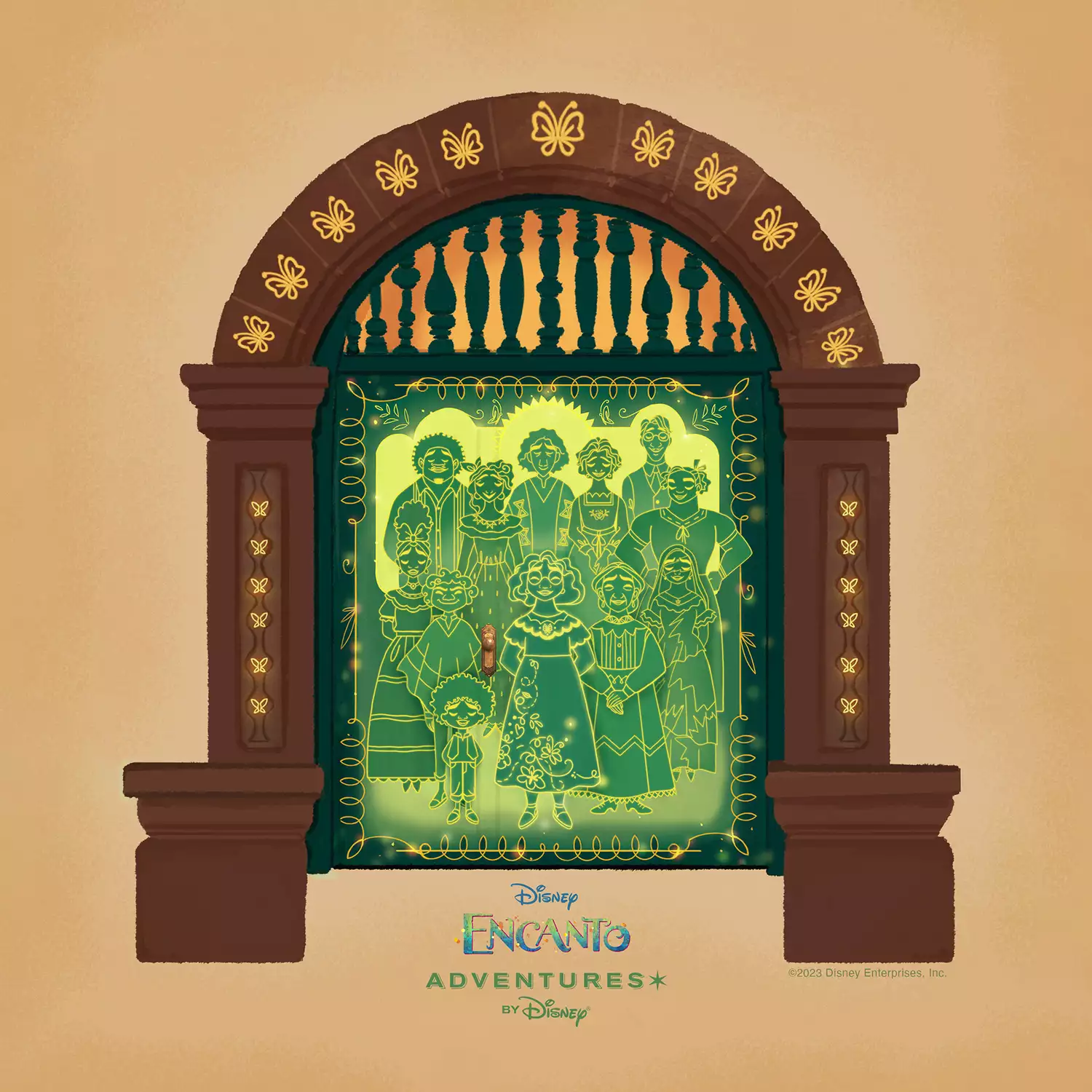 An illustration of the family from Encanto standing in their magical doorway.