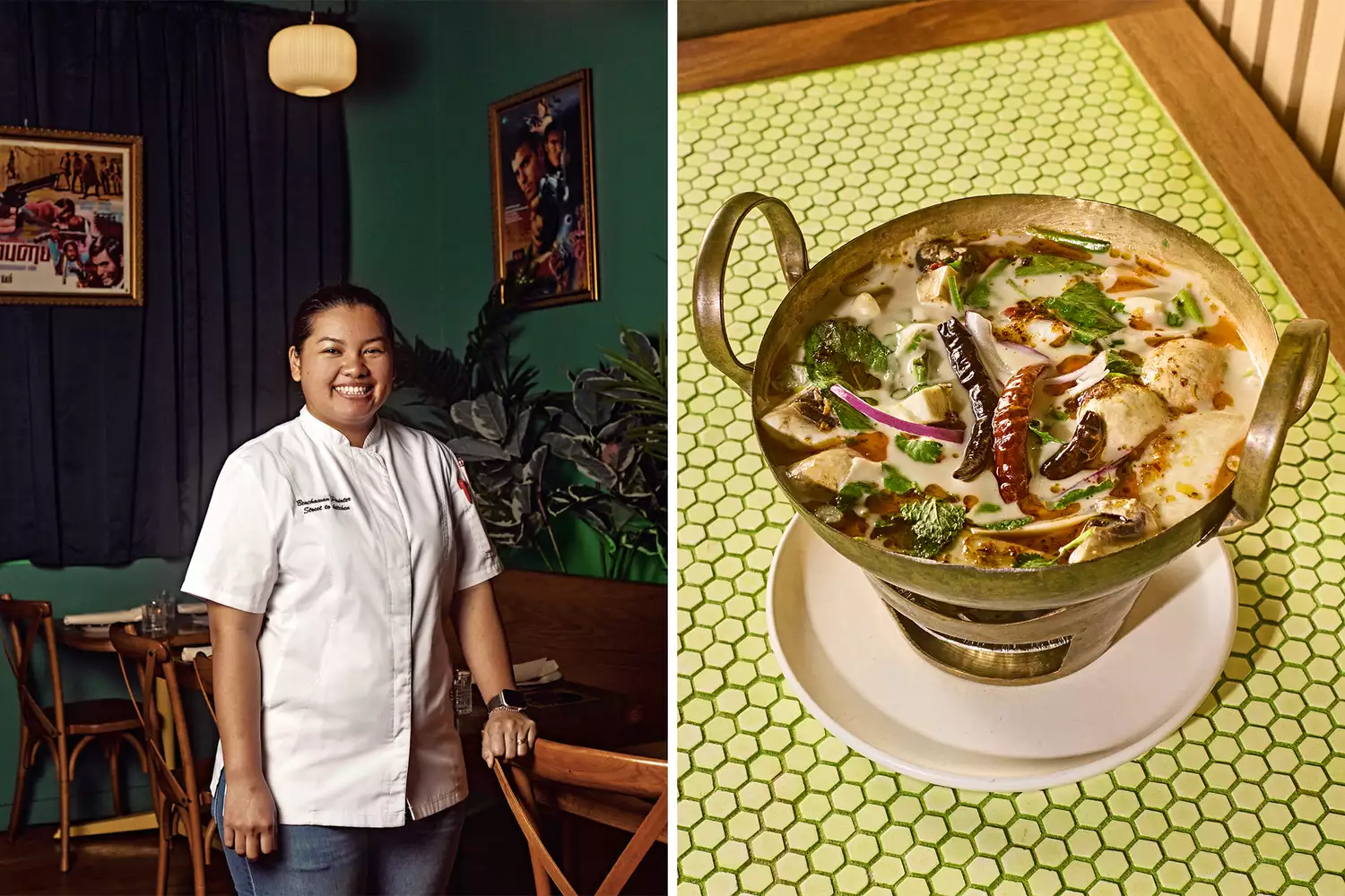 A split image of Chef Benchawan Jabthong Painter and a bowl of her signature Thai green curry.