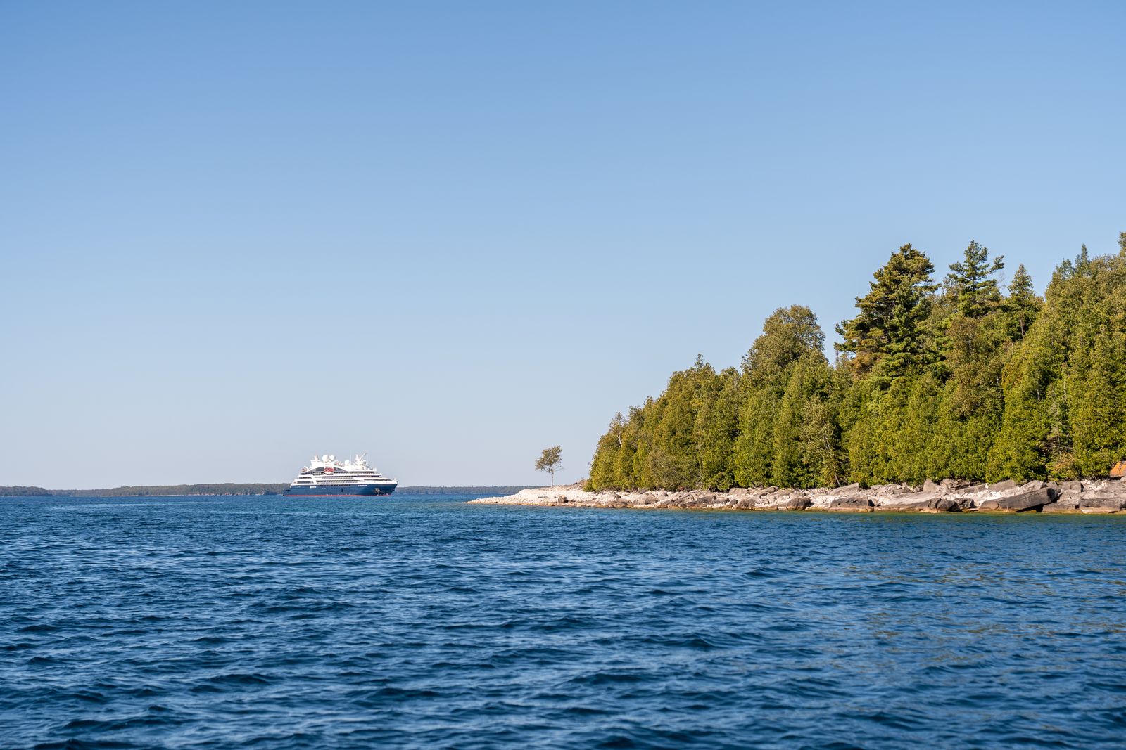 A luxury yacht-style cruise ship navigating near a wooded coastline.